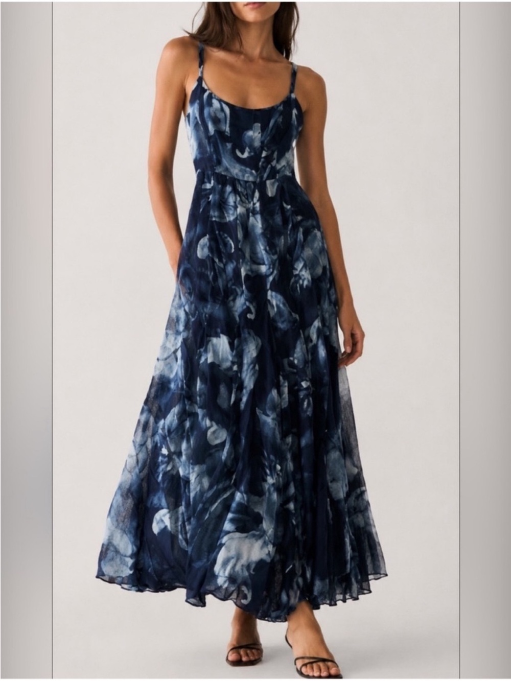 New Reformation Midnight Rose Blue Floral Midi Sleeveless Dress